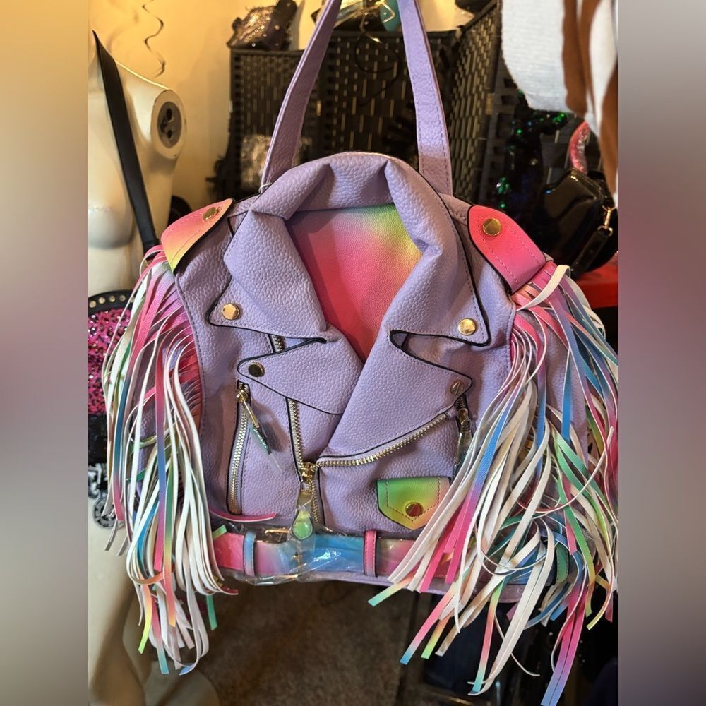 Rainbow Fringe Motorcycle Jacket Handbag - Picture 3 of 5